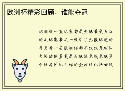 欧洲杯精彩回顾：谁能夺冠