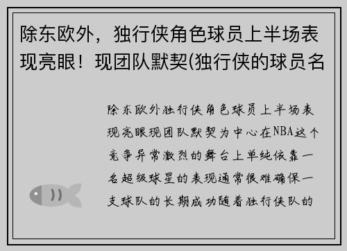 除东欧外，独行侠角色球员上半场表现亮眼！现团队默契(独行侠的球员名单)