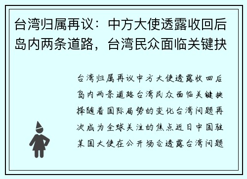 台湾归属再议：中方大使透露收回后岛内两条道路，台湾民众面临关键抉择
