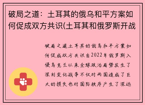 破局之道：土耳其的俄乌和平方案如何促成双方共识(土耳其和俄罗斯开战)
