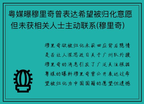 粤媒曝穆里奇曾表达希望被归化意愿 但未获相关人士主动联系(穆里奇)